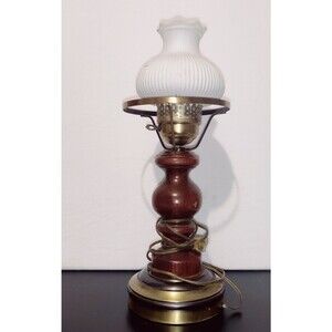 Antique 1960's Wooden Ornate Brass Table Lamp with a Fenton Milk Shade Glass Top